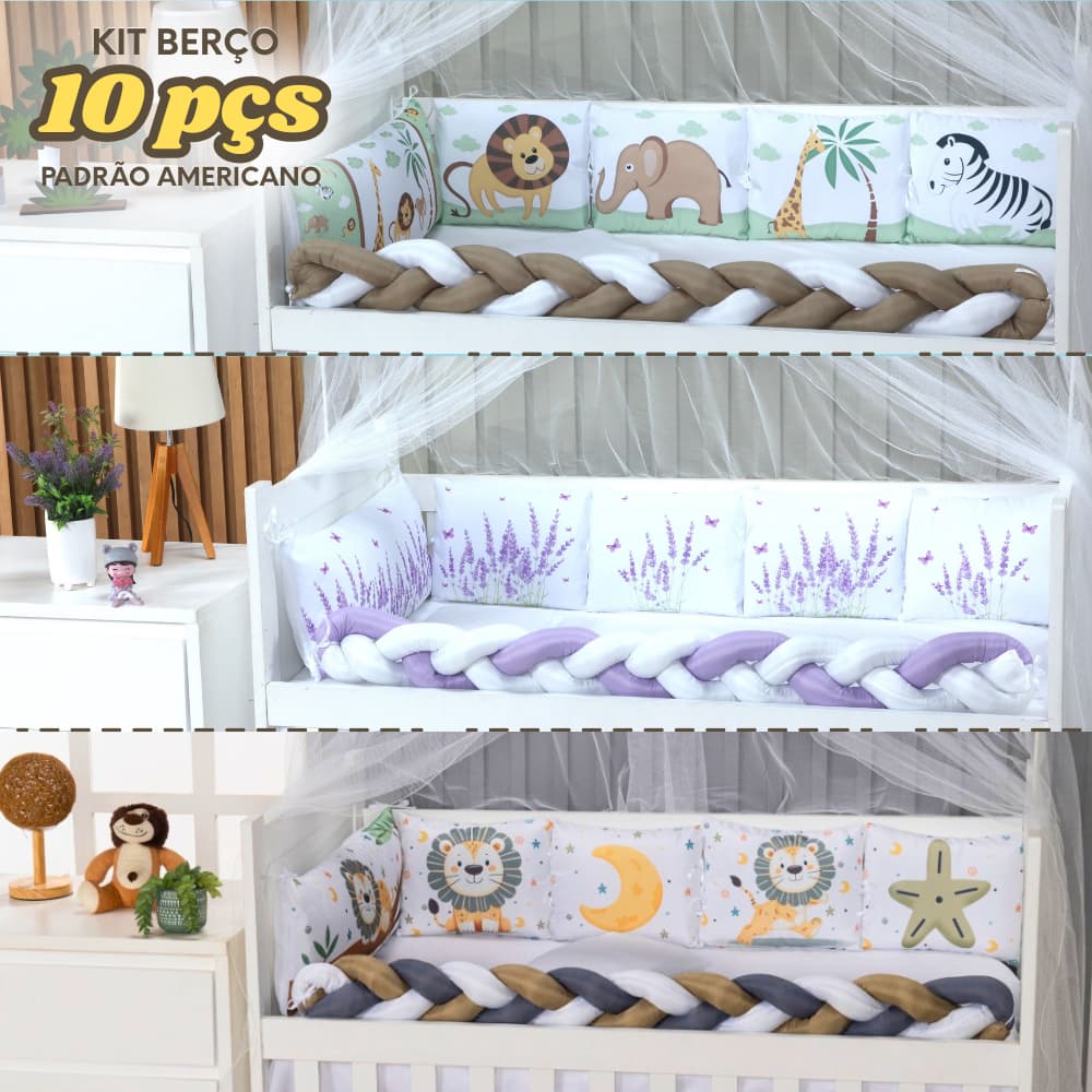 Kit Berço 10 peças Mosquiteiro Protetor Trança Cabeceira Micropercal padrão Americano Nacional