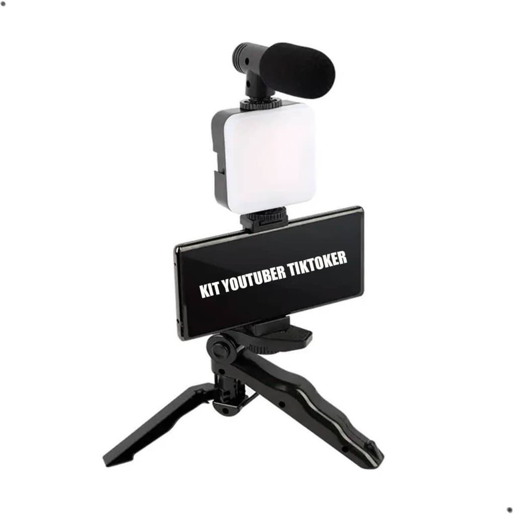 Kit de Gravação de Vídeos Com Microfone para celular, Tripé com luz LED 4 em 1 Criadores de conteúdo