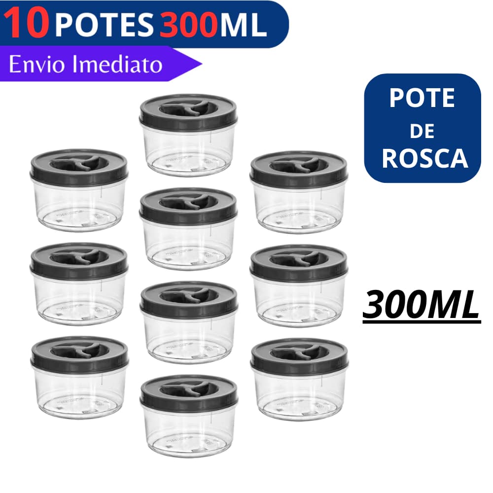 Jogo 10 Potes Redondo 300ml Tampa com Rosca BPA FREE Potinho Transparente Tempero Doce Papinha Bebê