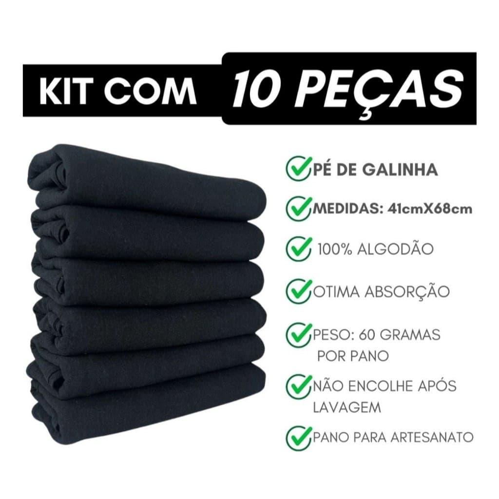 Kit 10 Pano De Prato Pé De Galinha  - 100% Algodão Cor Preto