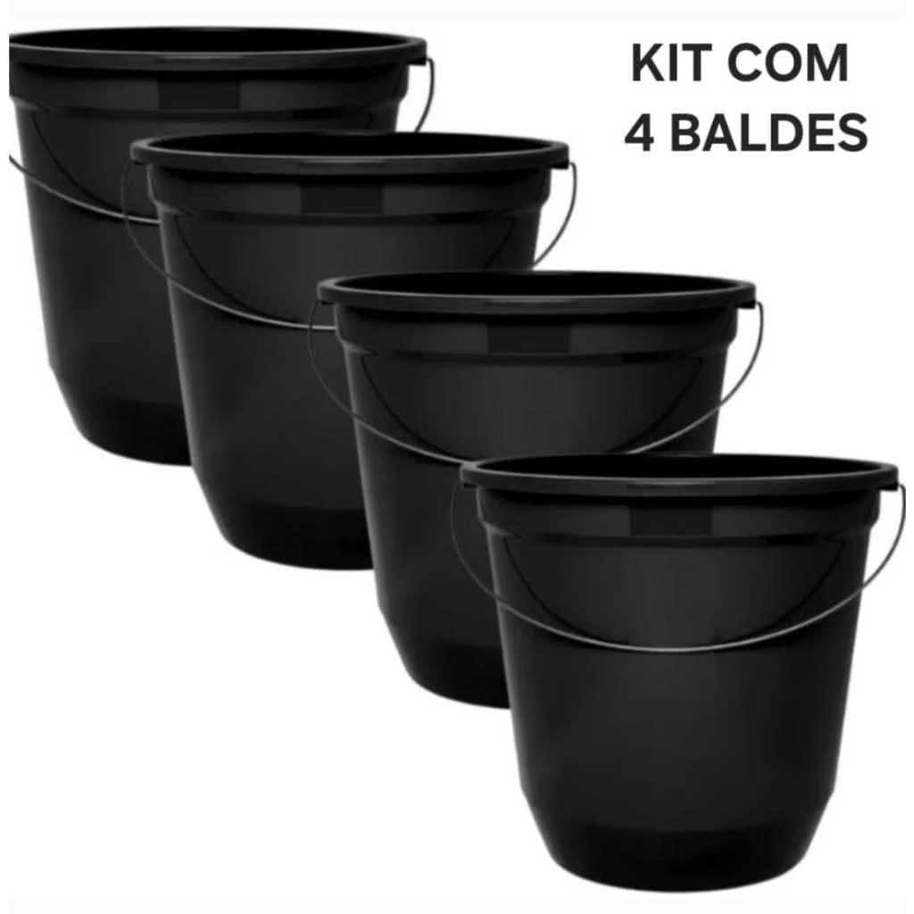 Kit Com 04 Baldes Resistente 7,5 Litros Preto Para Limpeza E Higiene Ambientes