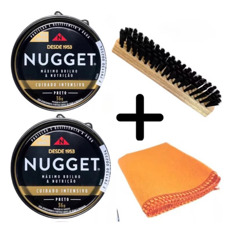 Kit 2 Graxas Nugget Polidor Sapato preto ou marrom 1 Escova 1 Flanela Cera