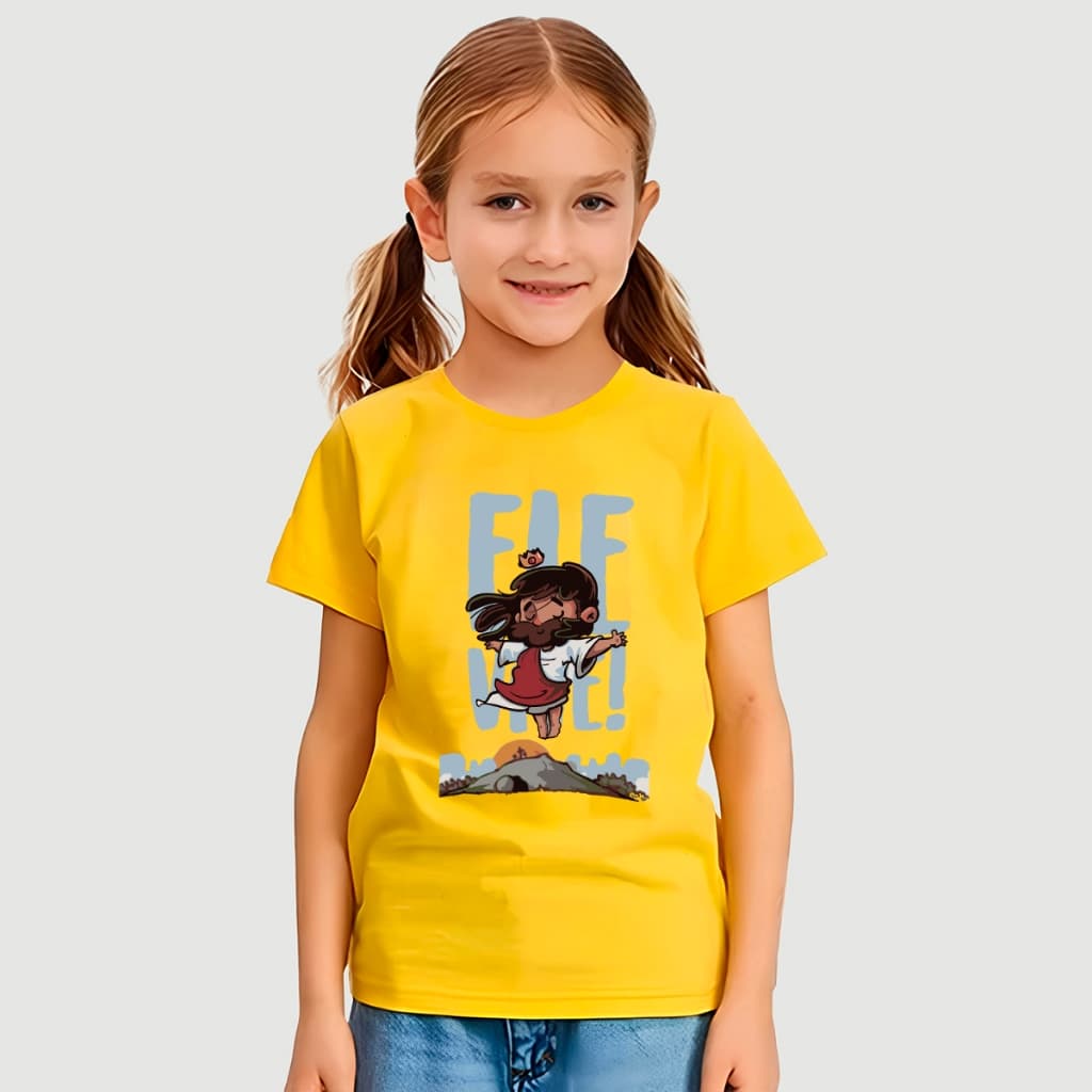 Camiseta Feminina Manga Curta Infantil Cristã Religiosa 100% Algodão Estampada Ele Vive