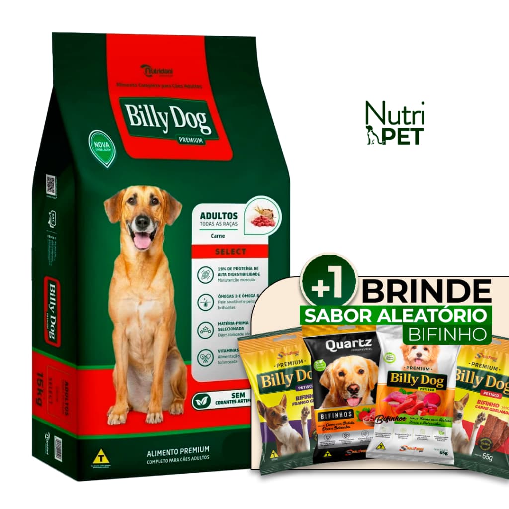 RAÇÃO BILLY DOG SELECT PREMIUM CARNE 15KG ALTA PROTEINA CÃES ADULTOS ENVIO RÁPIDO
