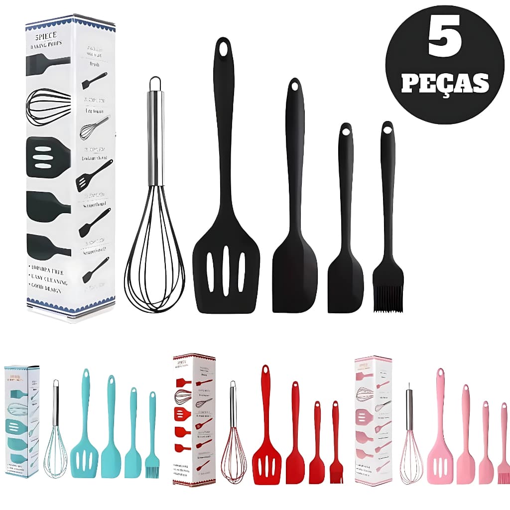 Kit de Utensílios de Silicone 5 Peças Espátula Pinça Pegador De Alimentos Pincel e Fouet Fue