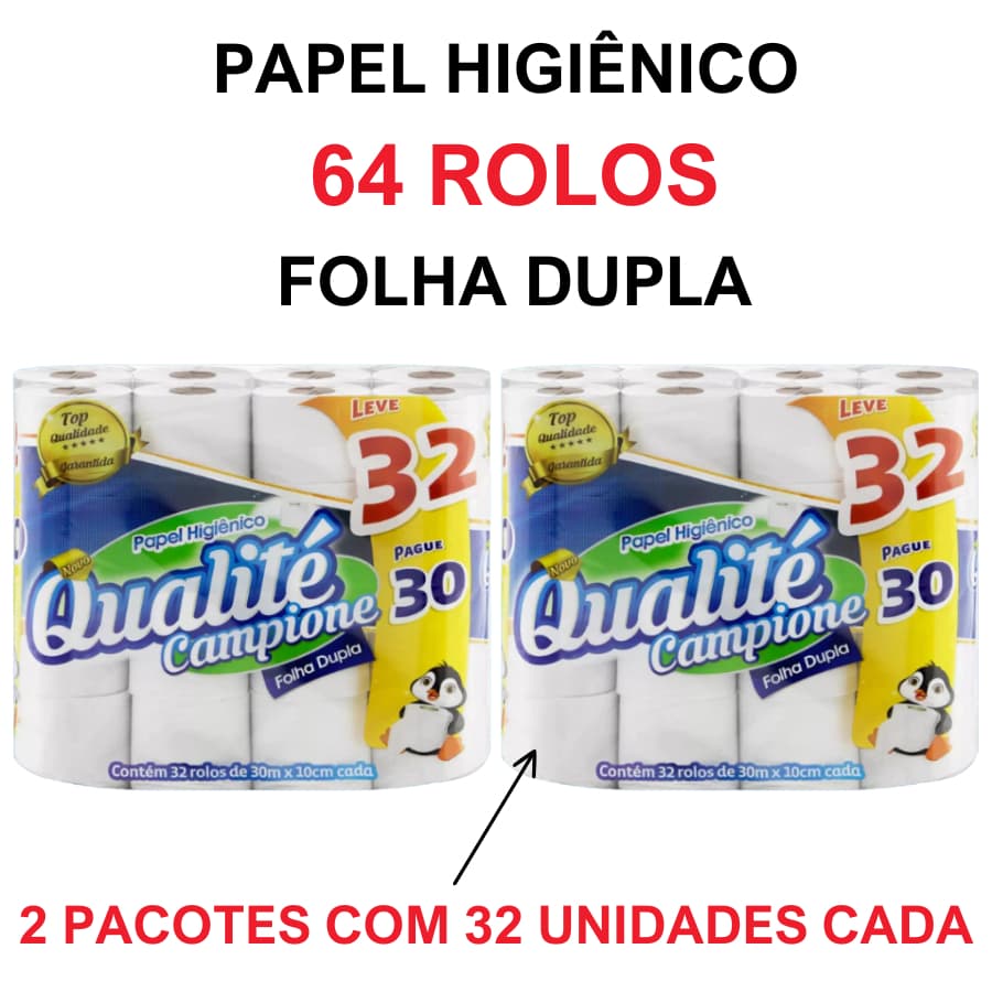 Kit 64 Rolos Com 30m Cada do Papel Higiênico Folha Dupla Qualité Campione
