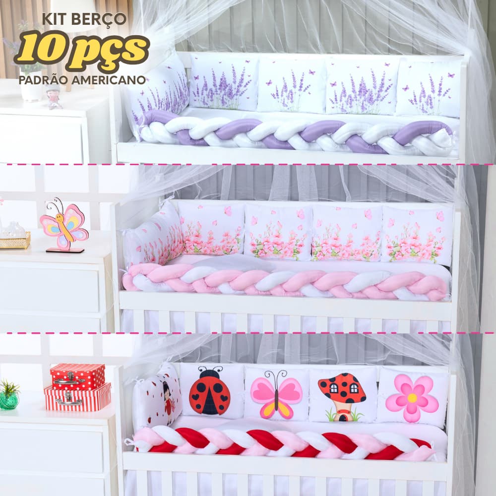 Kit Berço Americano para menina 10 peças Trança Mosquiteiro Borboleta Joaninha Lavanda Floral Nuvem