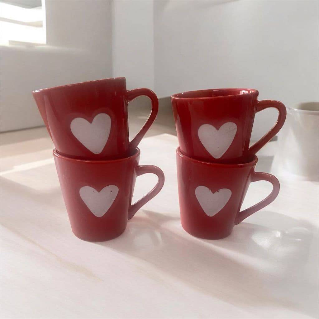 Jogo Kit 4 Canecas Xicaras Café Porcelana Coração Relevo vermelho