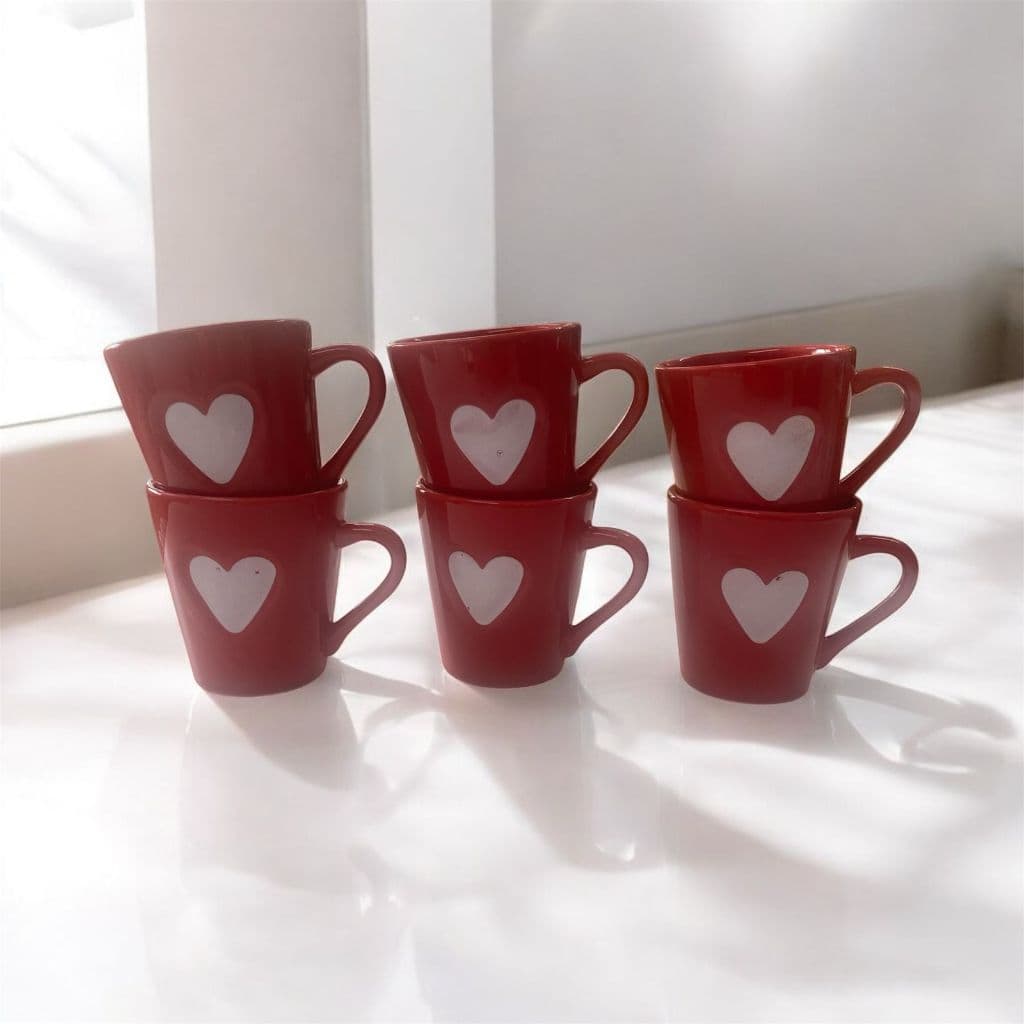 Jogo Kit 6 Canecas Xicaras Café Porcelana Coração Relevo vermelho