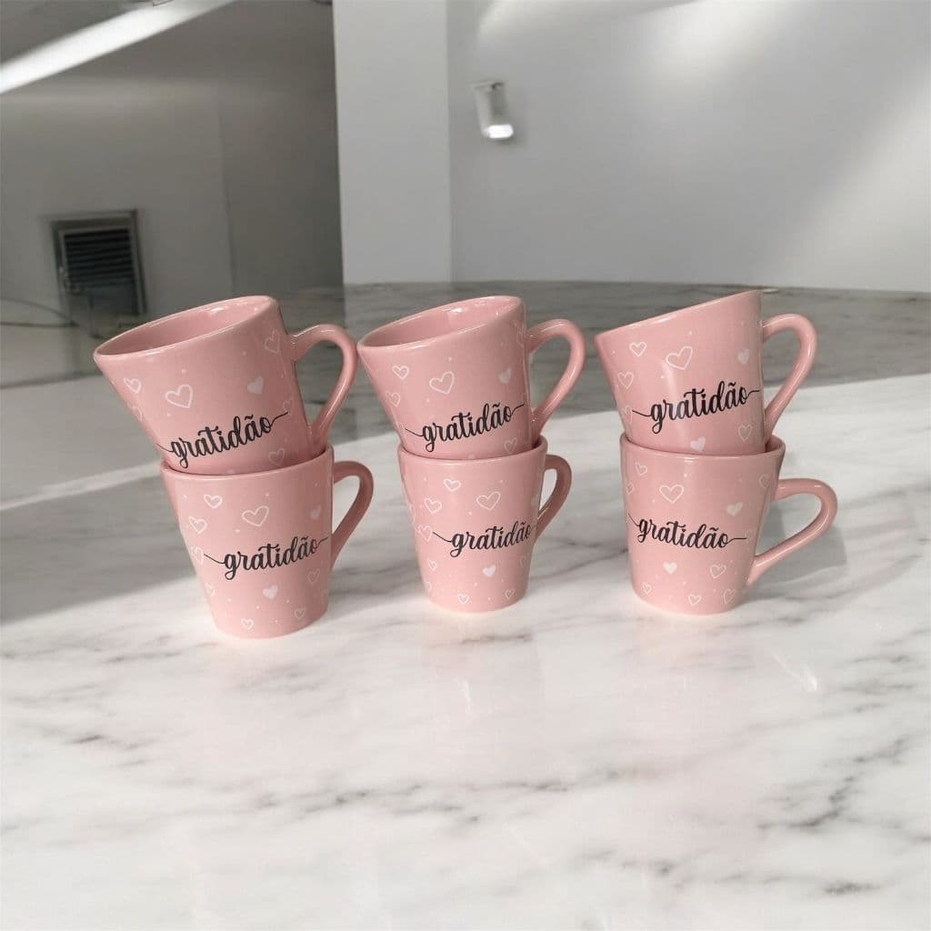 Jogo 6 Xícaras/ Caneca Café Porcelana 120ml Rosa Decorada Gratidão