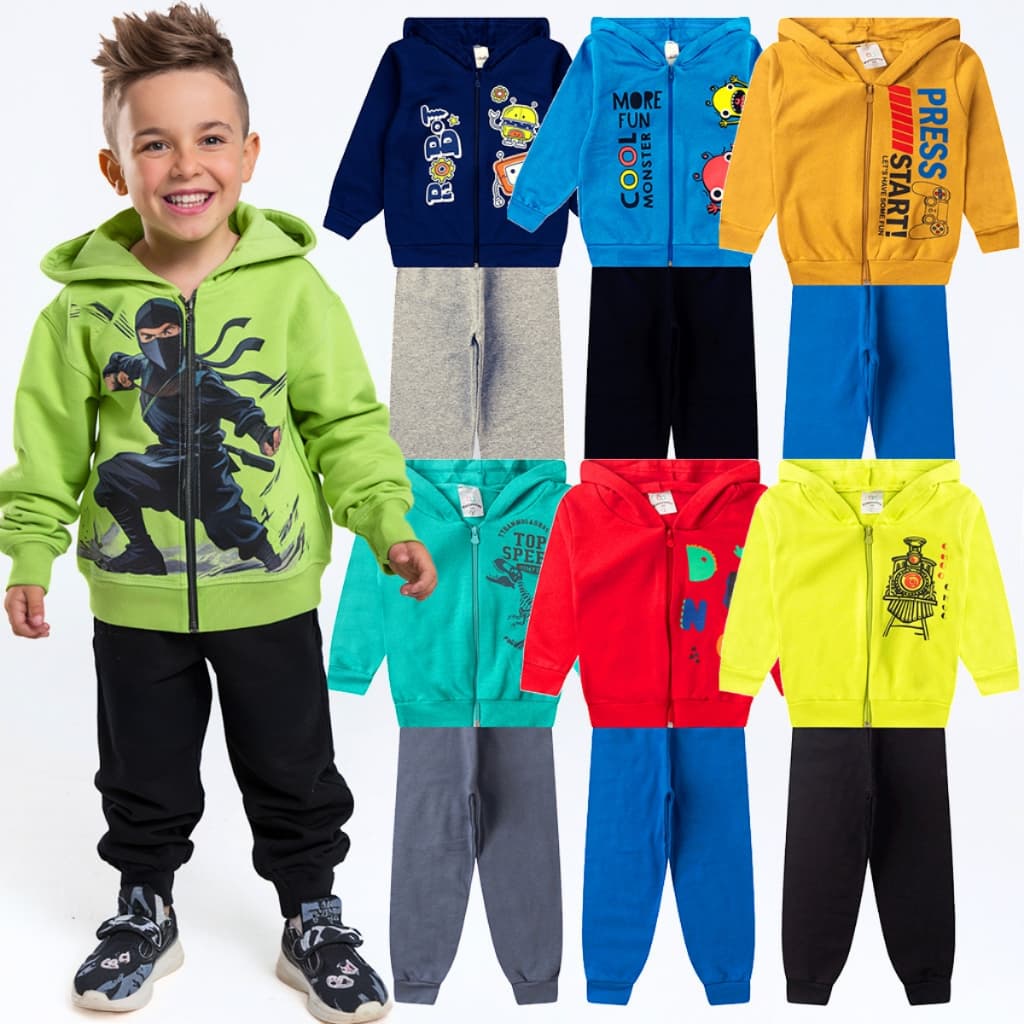Kit 4 Peças Conjunto Moletom Infantil Menino Inverno 1 ao 8 Com Capuz e Zíper Pronta Entrega