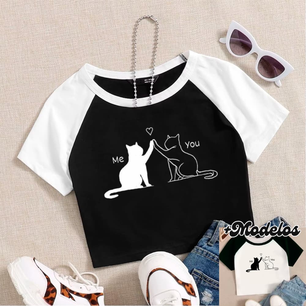 Cropped RAGLAN, Modelo GATOS MEOW - Moda Alternativa Y2K Blogueira Grunge Punk Streetwear