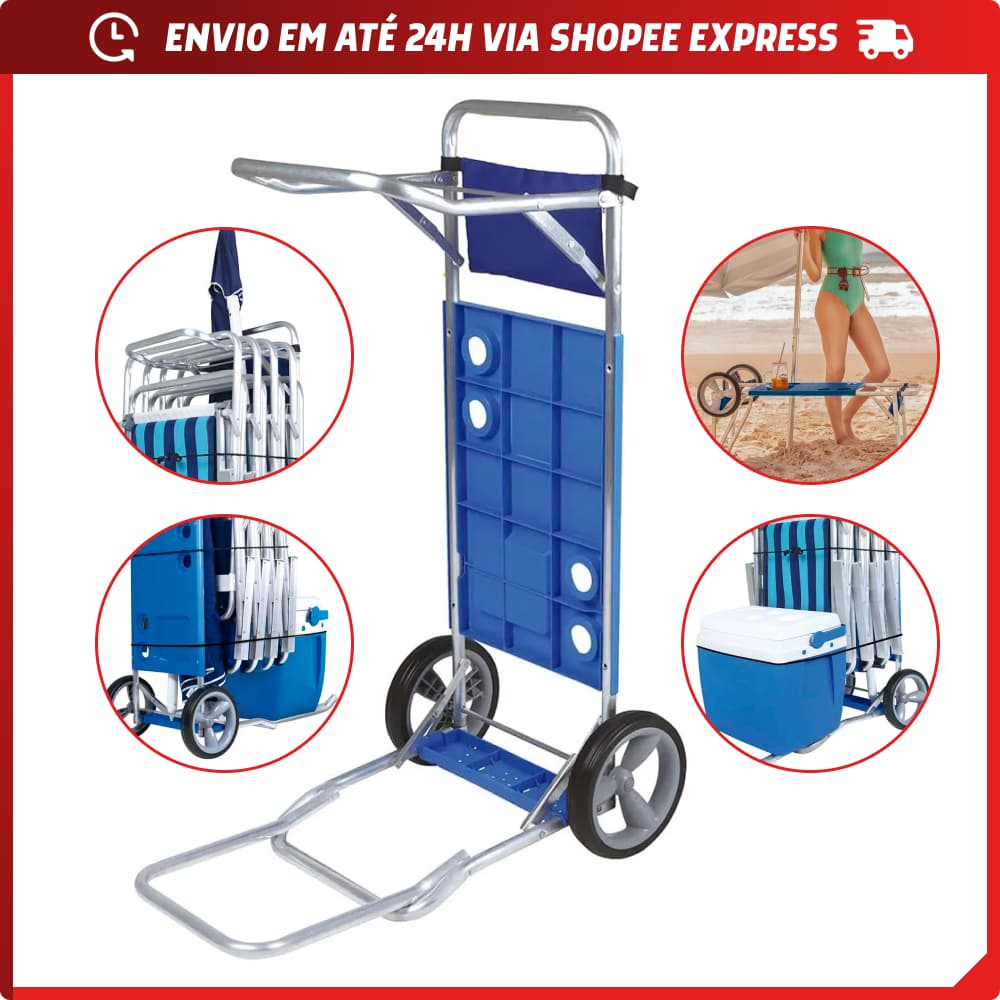 Carrinho de Praia Azul Vira Mesa Mor Rodas Resistentes Capacidade para 5 Cadeiras Caixa Térmica e Guarda Sol
