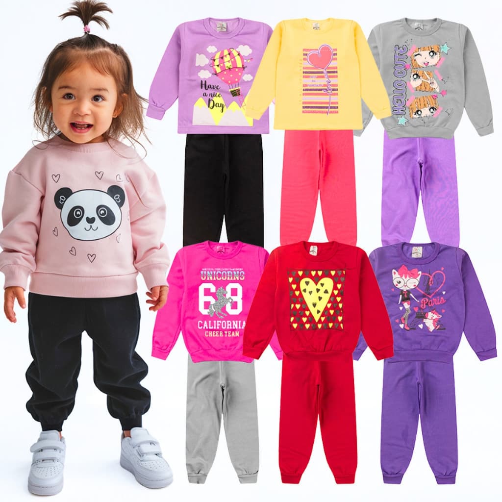 Kit 8 Peças Conjunto Moletom Infantil Menina Inverno 4 Blusas e 4 Calças 1 ao 14 Feminino Manga Longa
