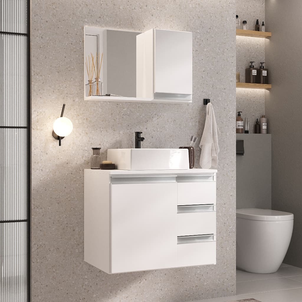 Gabinete Banheiro Prisma 60cm (gabinete + cuba + espelheira) Opção: TAMPO VIDRO