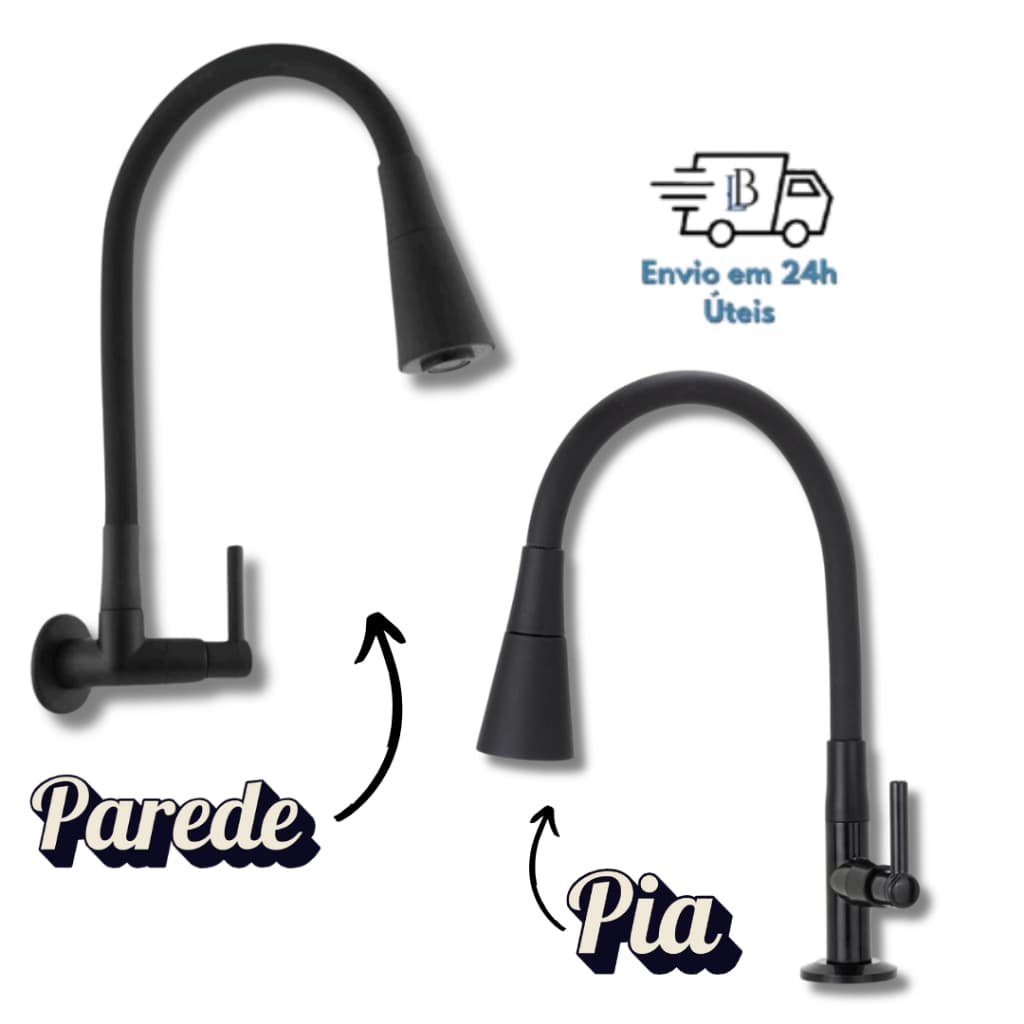 Torneira Gourmet Parede Pia Cozinha Preta Flexível 2 Jatos 1/4 de Volta