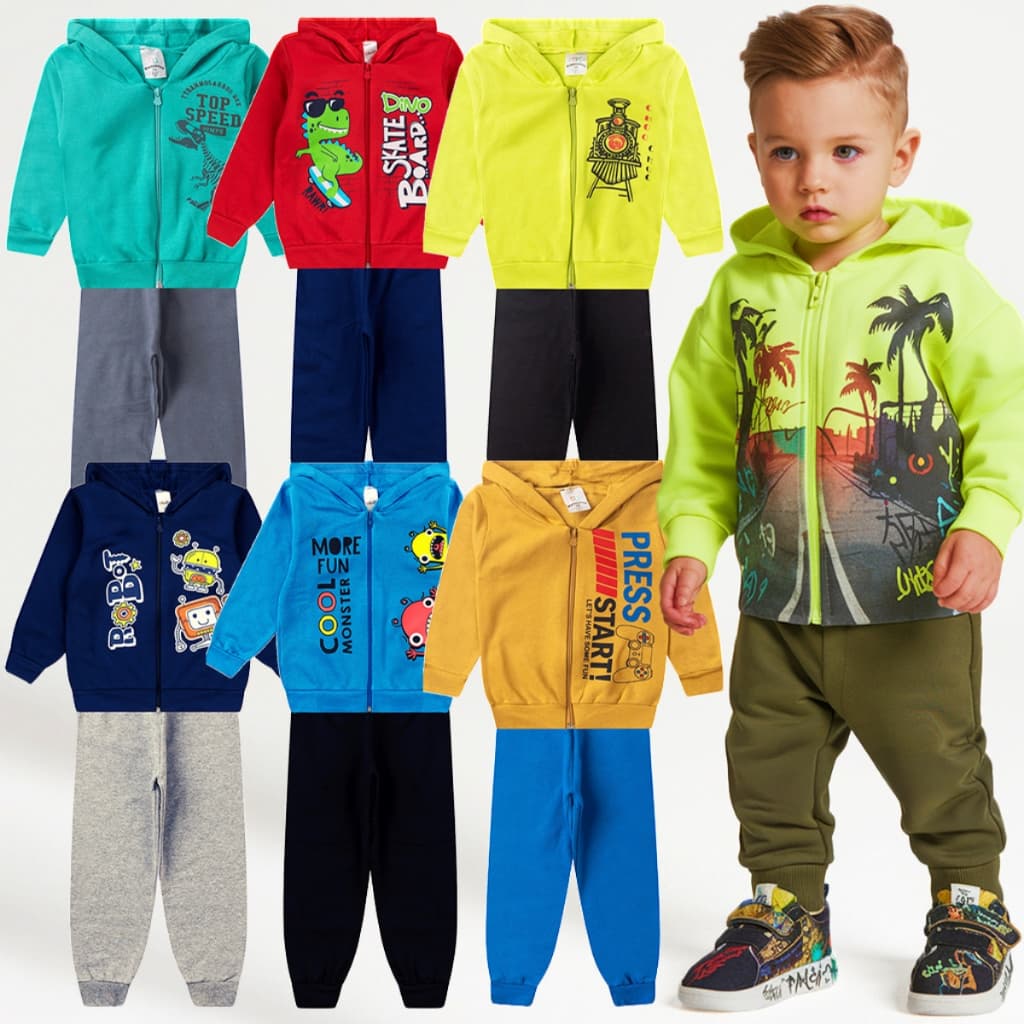 Kit 4 Peças Conjunto Moletom Com Capuz e Zíper Menino Infantil  Masculino Inverno