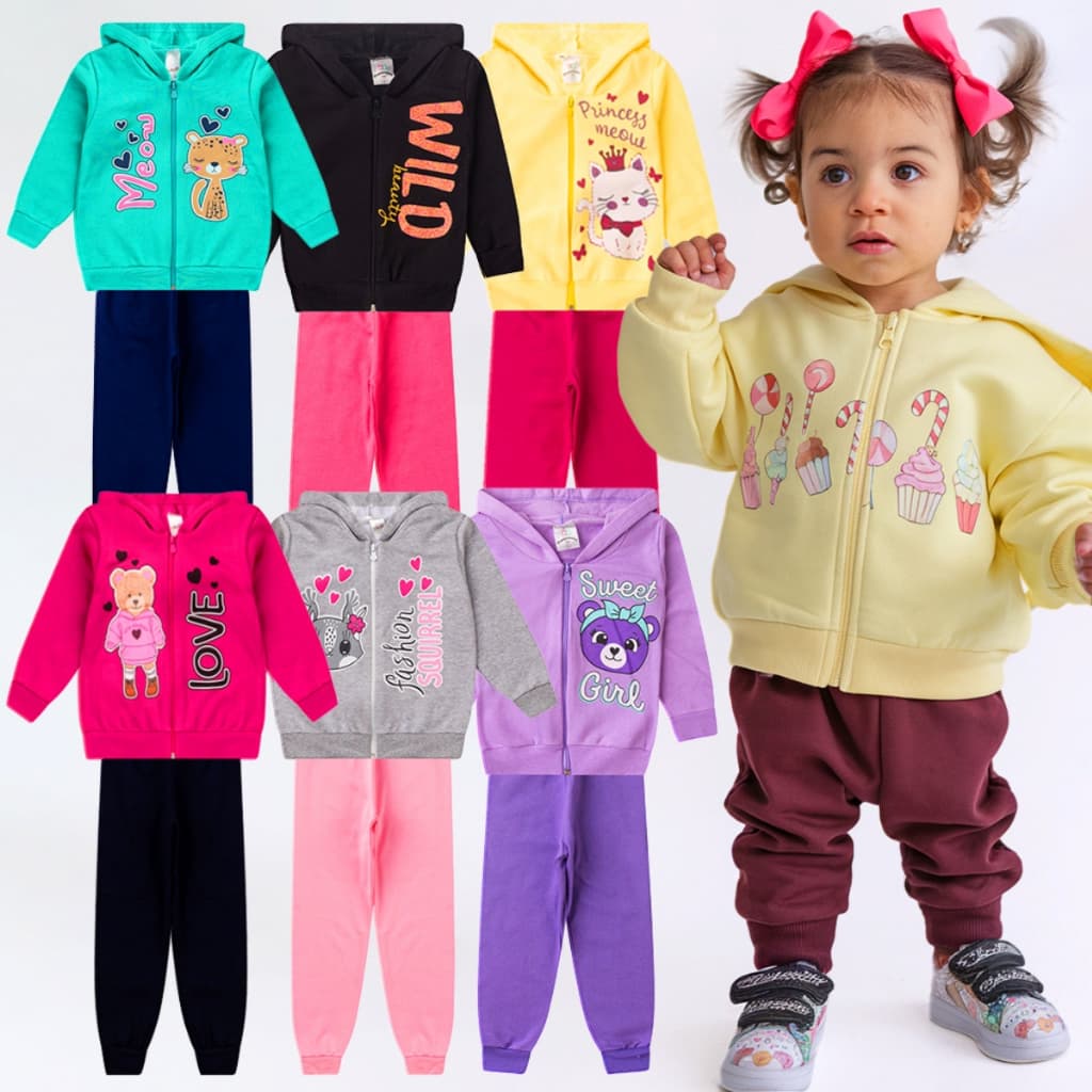 Kit 4 Peças Conjunto Moletom Com Capuz e Zíper Menina Infantil  Feminino Inverno