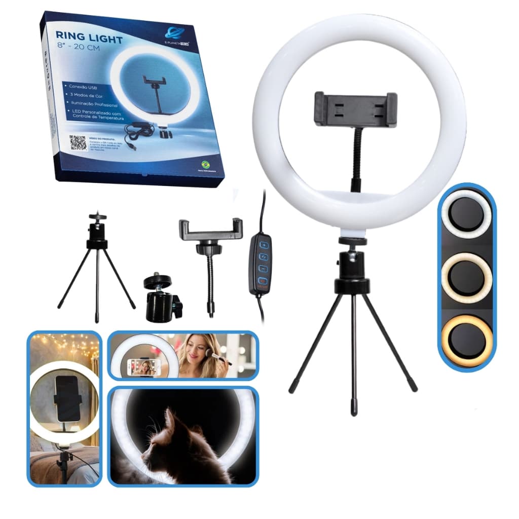 Ring Light 8 Polegadas 20cm Com Tripé De Mesa Maquiagem Selfie Live Youtuber Streaming