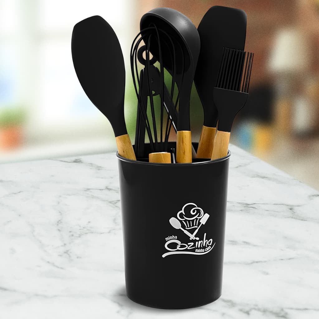 Kit de 6 Talher Silicone Cabo Madeira + 1 Balde Resistente