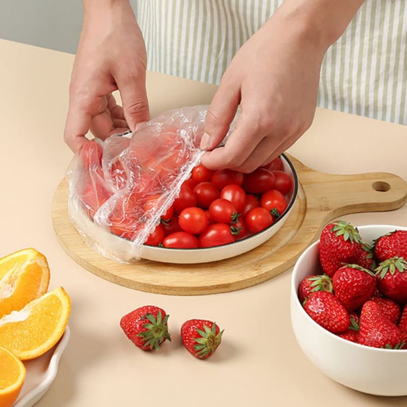 Kit 100 Tampas de Plástico Descartáveis para Alimentos. Nível Alimentar, Tamanho Único. Boca Elástica Tipo Chapéu de Ban