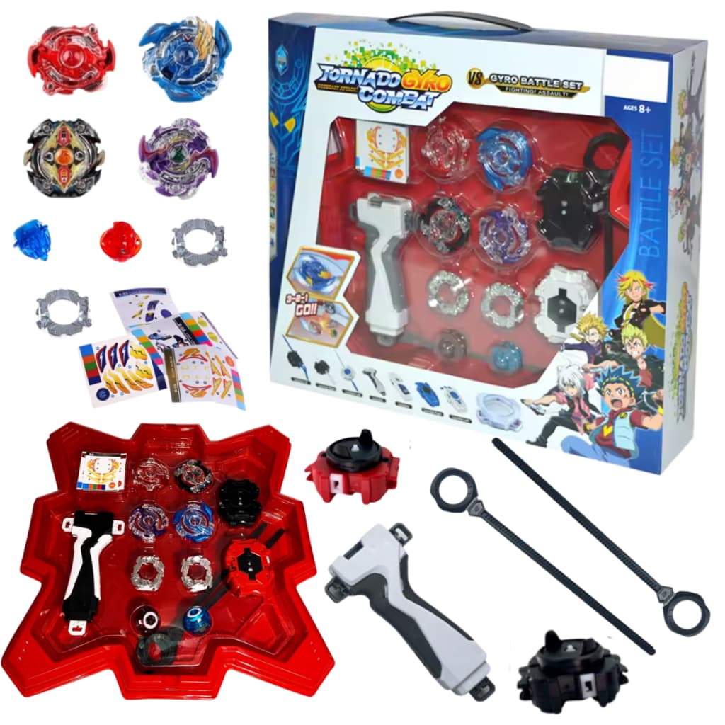 Kit Arena Beyblade 4 In 2 + 2 Lançadores + 1 Grip + Arena Grande Pião Brinquedo Bey Batalha