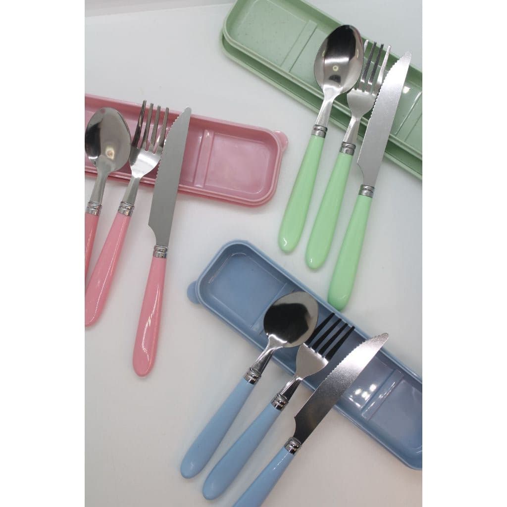 Jogo Colher Talher 3 peças Inox Estojo Garfo Faca Colher Marmita Viagem