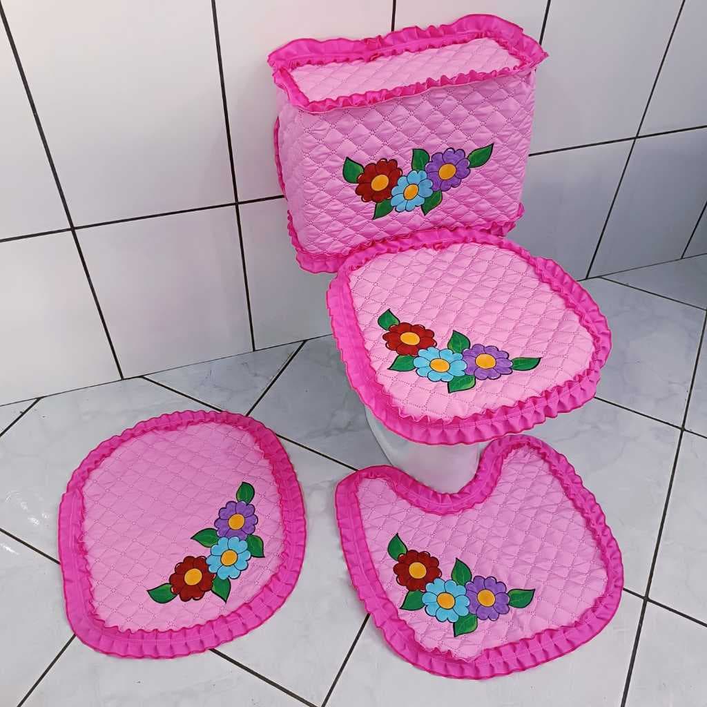 Jogo de banheiro flores coloridas 4 peças kit decoração em tecido
