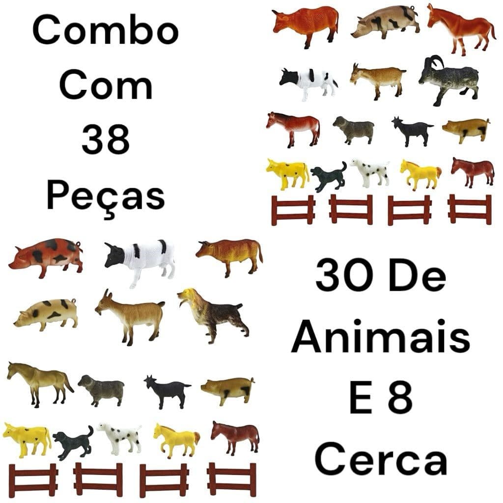 Combo De Animais De Fazenda Grande De Borracha Diversos Com 38 Peças 30 De animais E 8 Cerca-HM TOYS