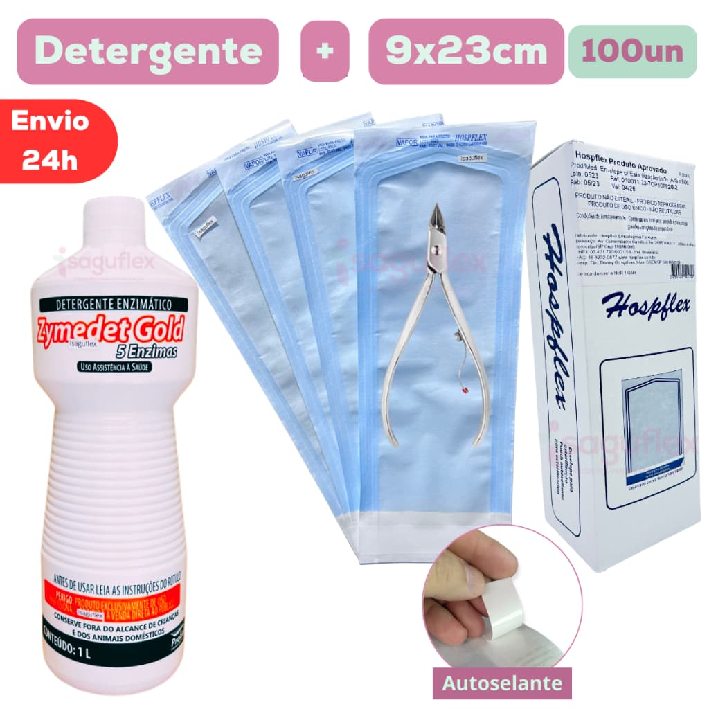 Detergente Enzimático 1L + 100 Envelope Para Esterilização 9x23cm manicure kit