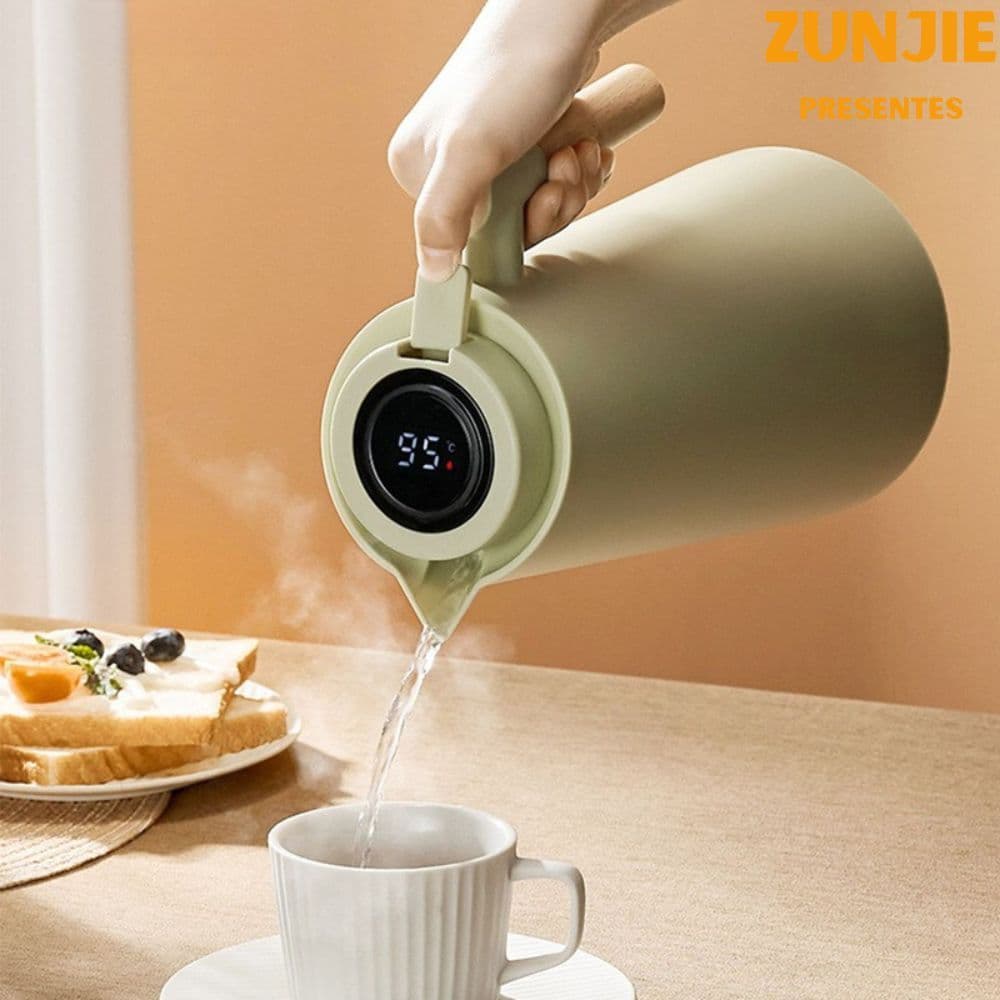 Garrafa Térmica 1 Litro Com Termômetro Led Para Chás / Café Design Moderno Cabo Em Madeira