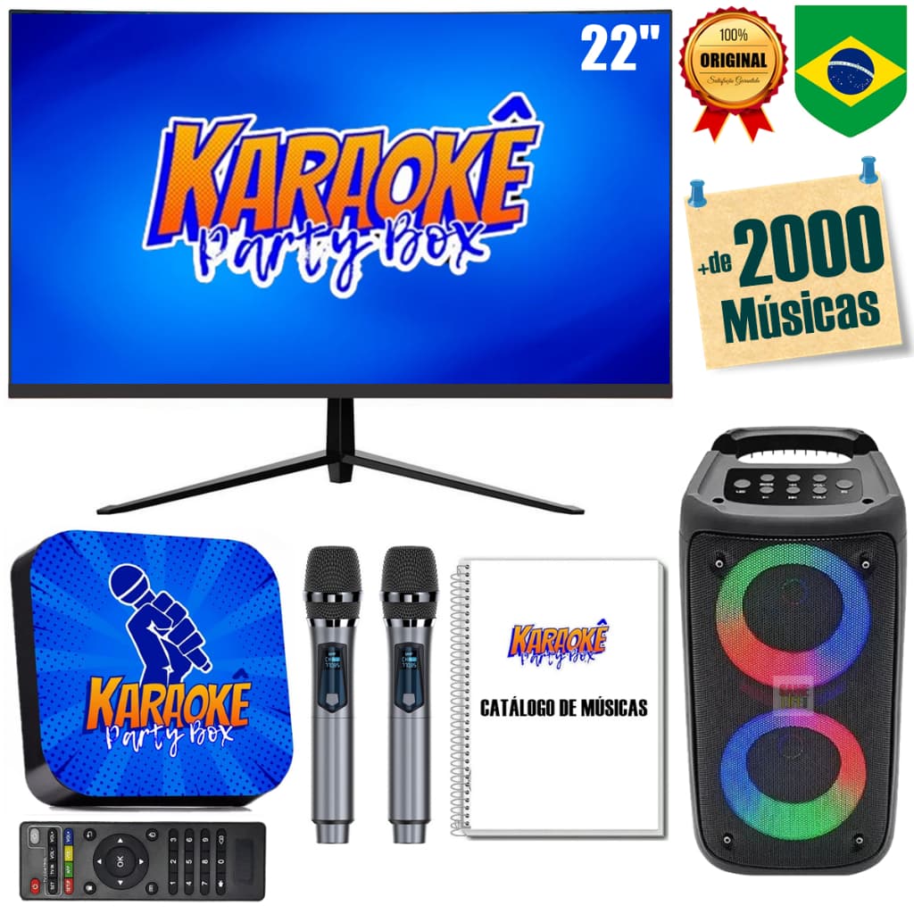 Karaoke Party Box Profissional Completo +Monitor +Caixa De Som +2 Microfones Sem Fio +Catálogo