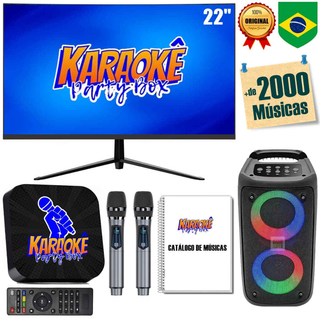 Karaoke Party Box Profissional Black +2 Microfones Sem Fio +Monitor (Tela) +Caixa De Som +Catálogo