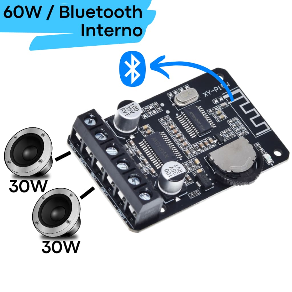 Módulo Amplificador 60W, Bluetooth 5.0, Estéreo 30+30W, 5~24V DC