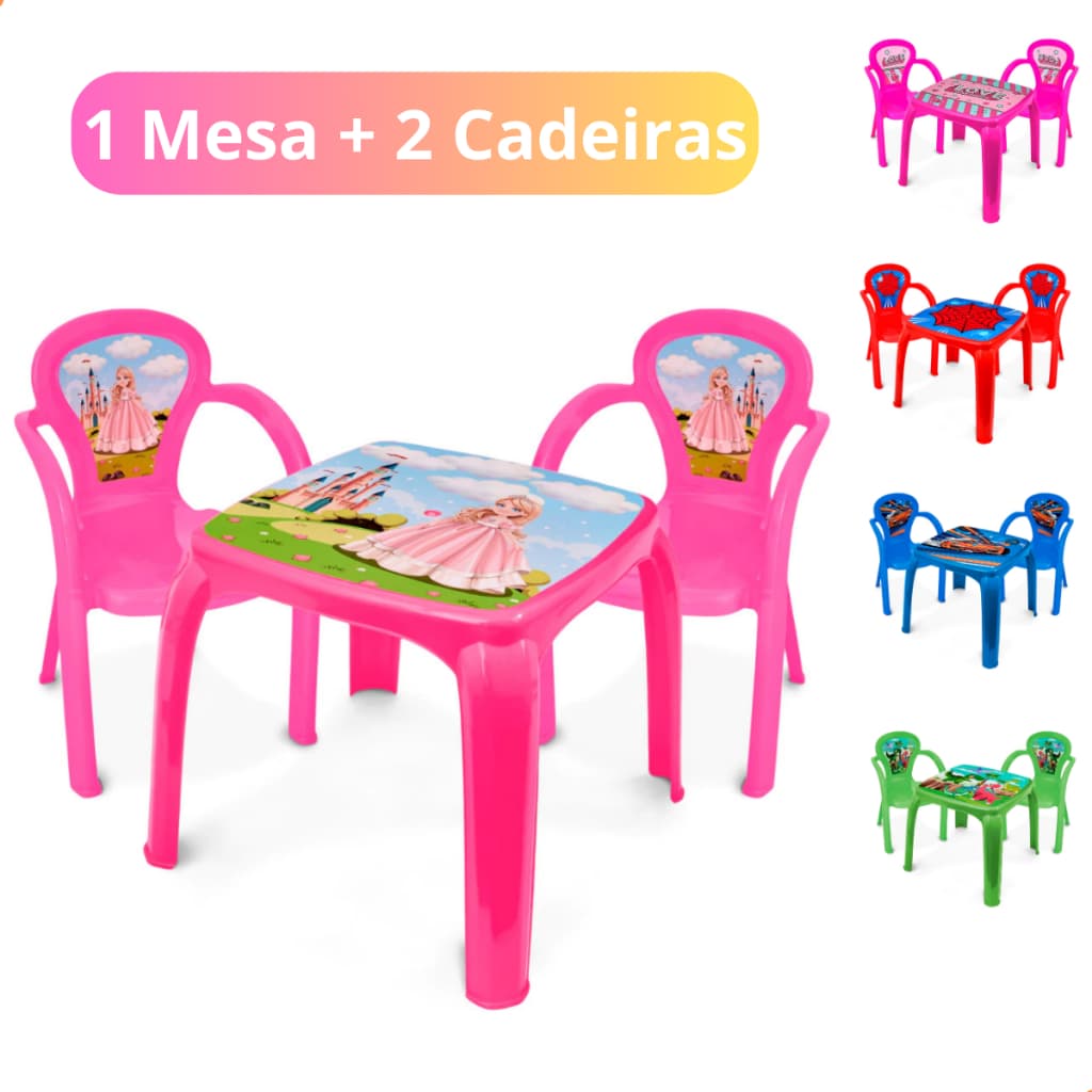 Kit Mesinha Infantil com 2 Cadeiras Menino Menina Estudo Lanchinho Brincadeiras Colorida
