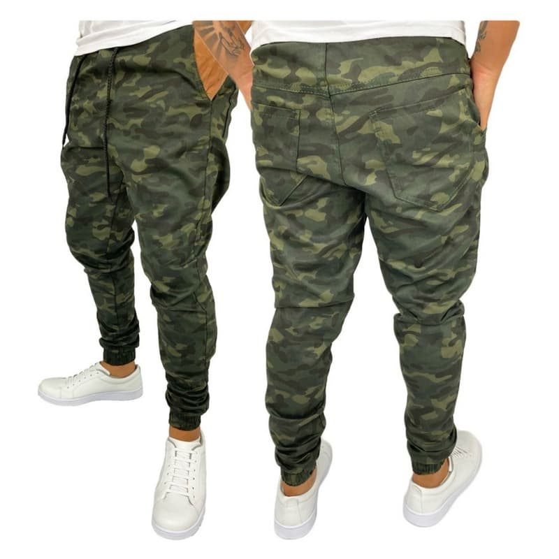 Calças Jeans Camuflada Masculina Jogger Com Punho Elastico
