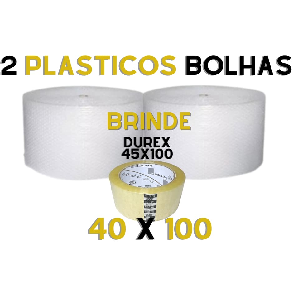2 BobinaS Plástico Bolha 40 Cmx100 Metros 25 Micras Resistente - com 1 fita 48x100 TR - BRINDE -AF