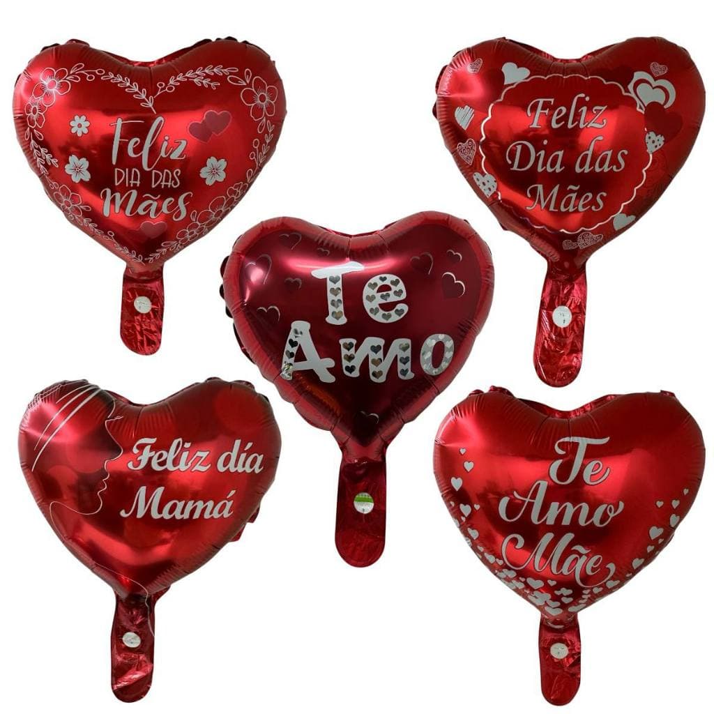 50 Balão Metalizado Coração Vermelho Feliz Dia Das Mães Mãe Te Amo 30cm