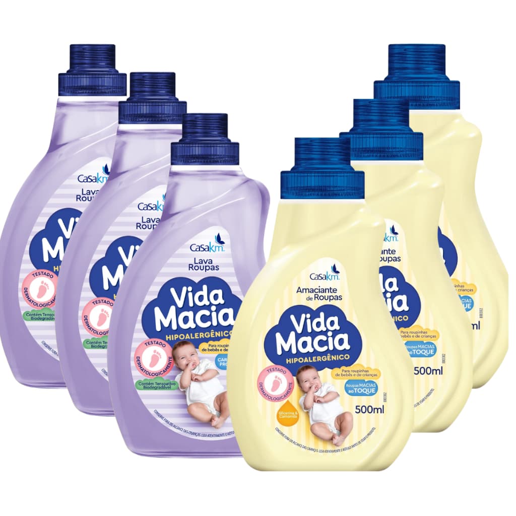 Kit Vida Macia Bebe 3 Amaciante Camomila + 03 Lava Roupas Hipoalergênico