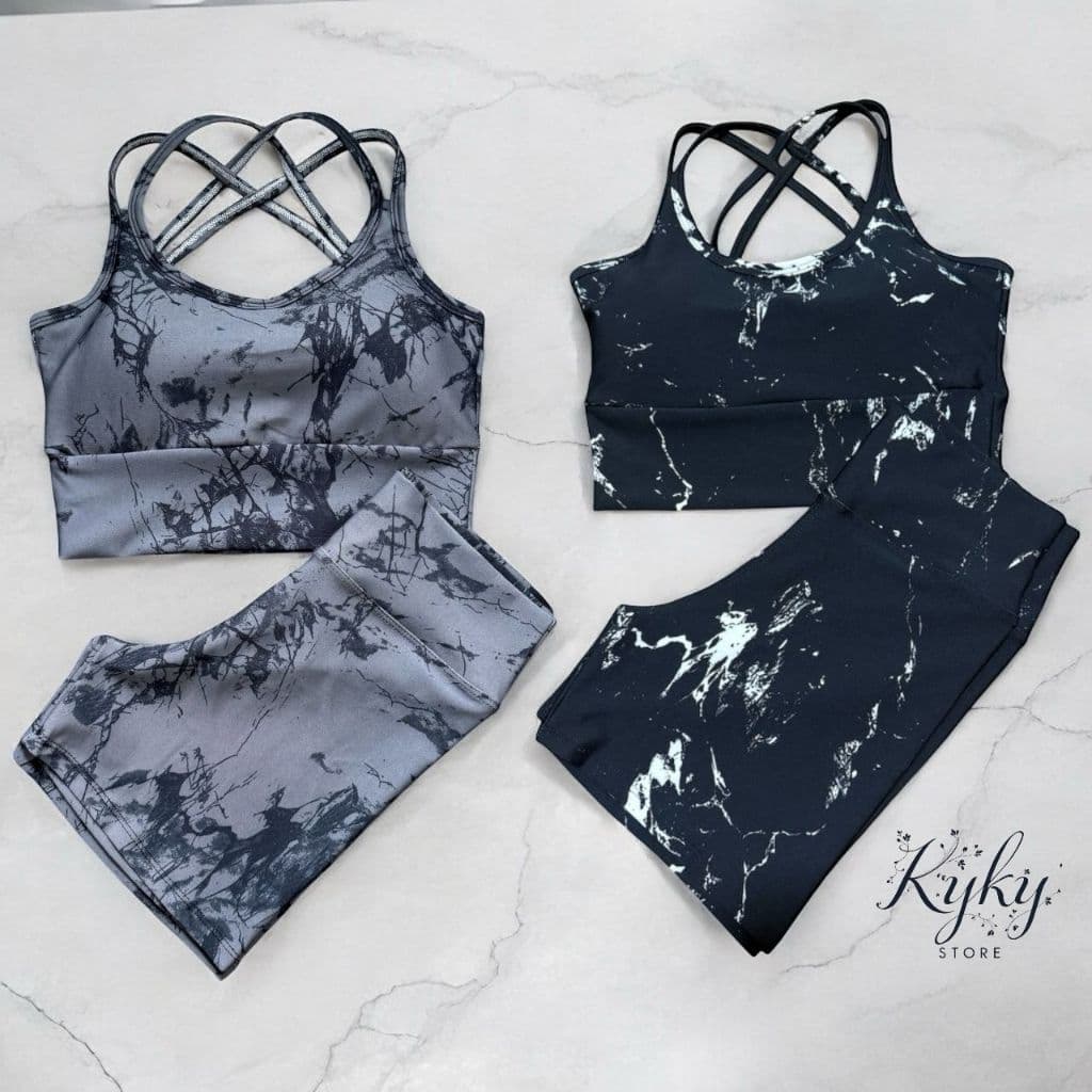 Kit 2 Conjuntos Top e Shorts Tie Dye Marmorizado Fitness Academia Dança Ciclismo Degrade Meia  Coxa