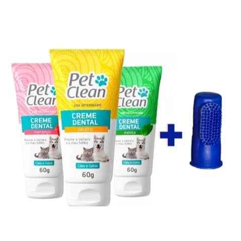 Kit Creme Dental Pet Clean + Dedeira para Cães e Gatos