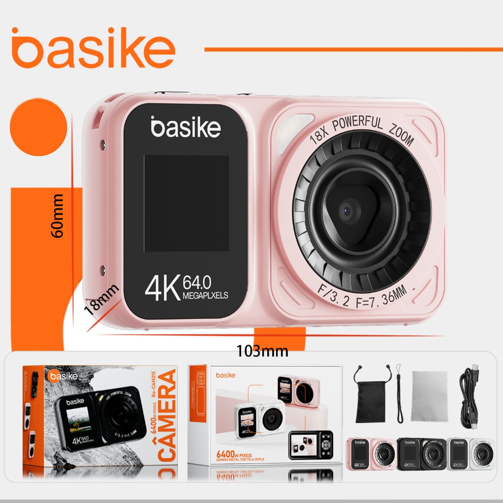 Basike Câmera Digital 64 megapixels 4K Selfie Zoom 18X Com Tela Flip De 180 Vlog