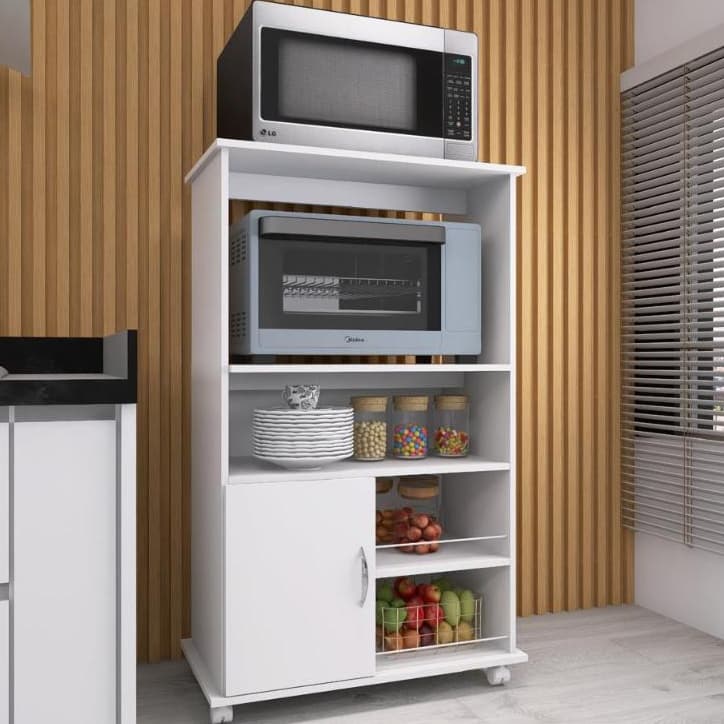 Armário Fruteira Forno com Suporte para Microondas e Balcão Multiuso com Rodinhas