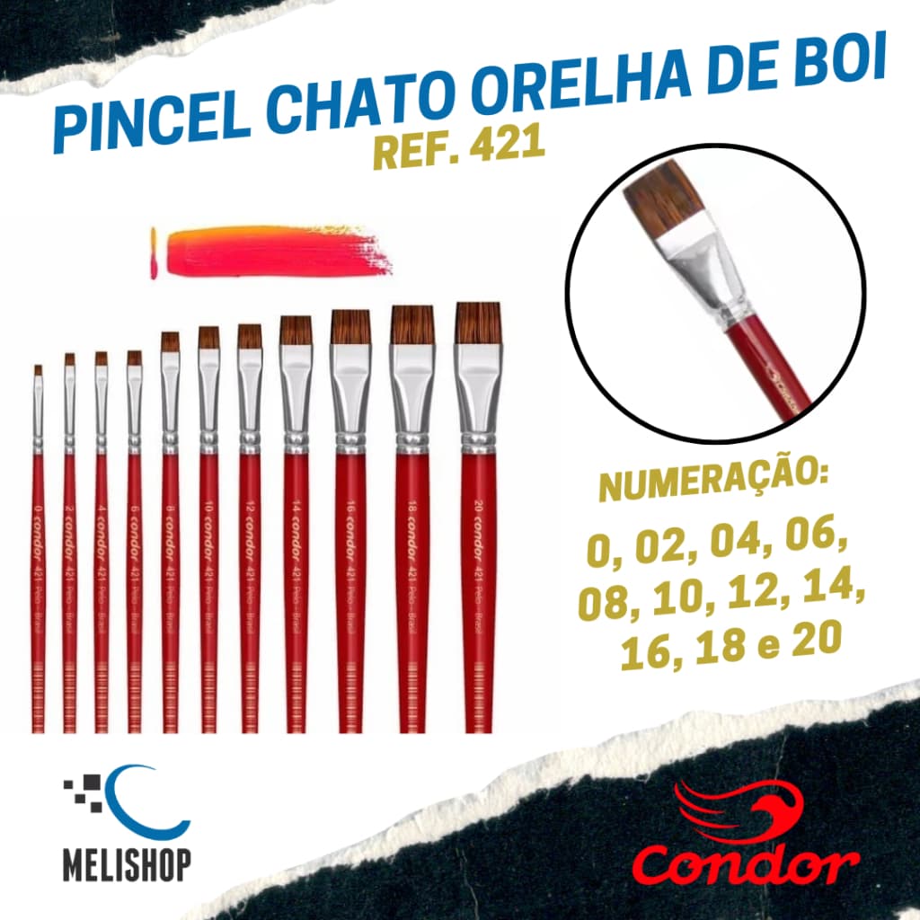 Pincel Chato Curto REF. 421 - Condor Pelo de Orelha de Boi e Cabo Vermelho Artesanato Escolar