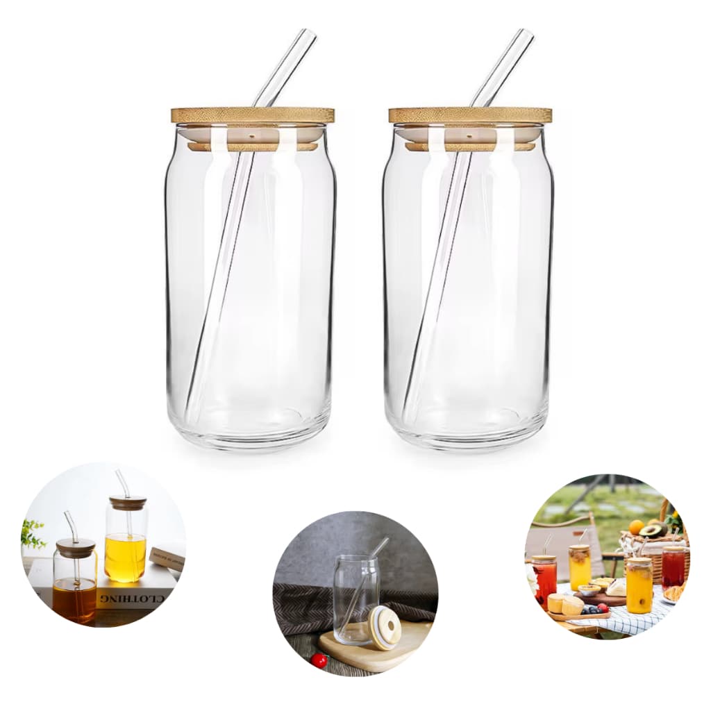 Copo Lata 500ml Com Tampa Bambu E Canudo Vidro Drinks