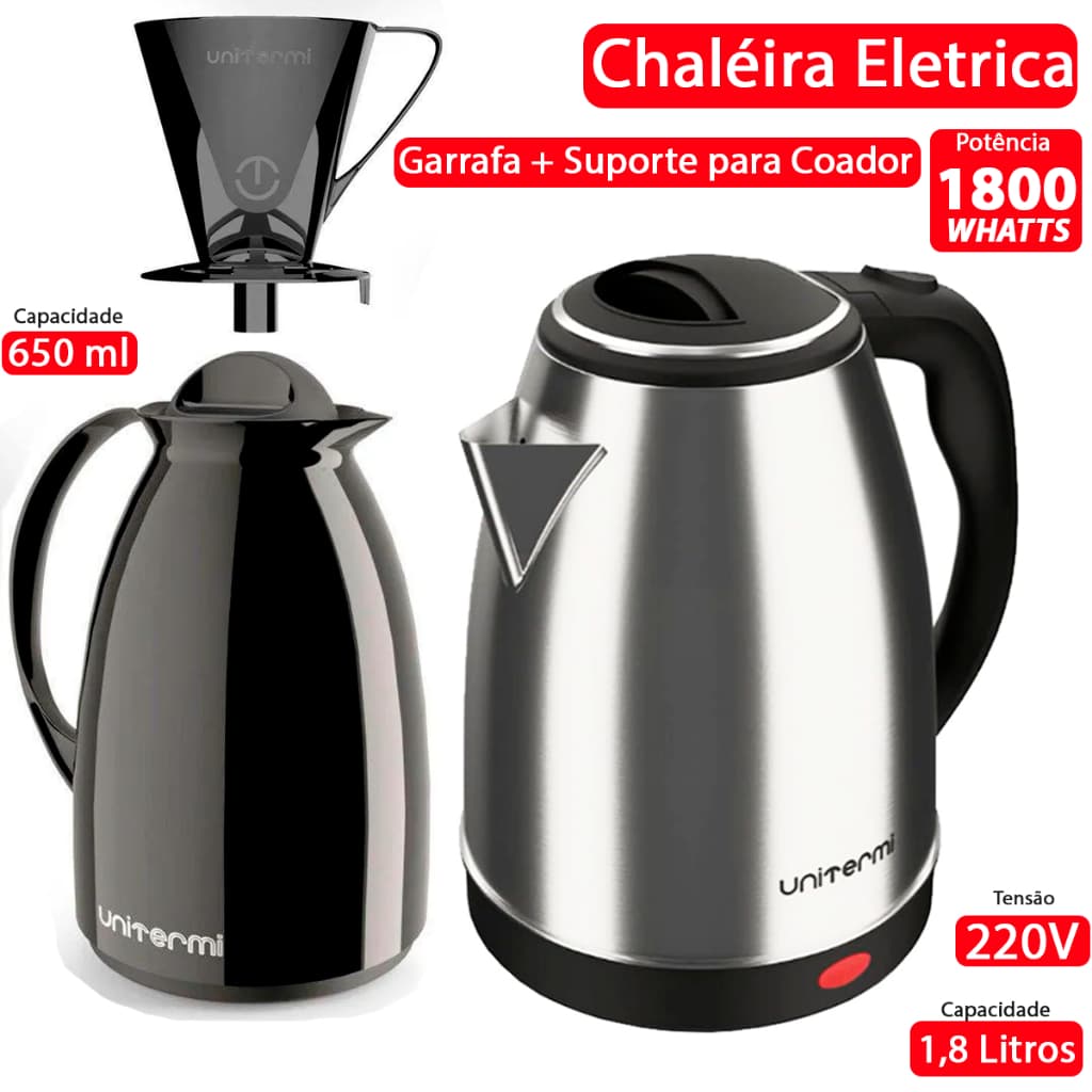 Kit 03 Peças Chaleira Elétrica de Inox 220v Potencia 1800W + Garrafa Florença + Suporte para Coador chá e Café