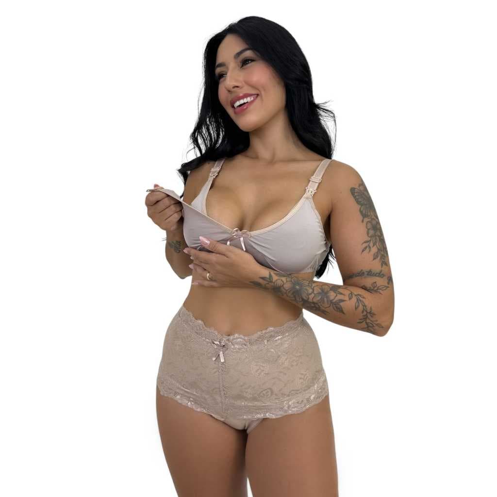 Conjunto Sutiã Amamentação Reforçado Microfibra Calcinha Cotton Cinta Modeladora