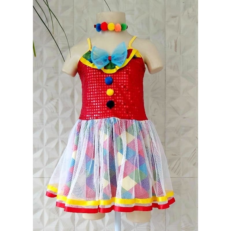 Vestido, fantasia, roupa de Palhacinha e Colombina infantil, para, carnaval, acompanha lindo arco com pompons coloridos!