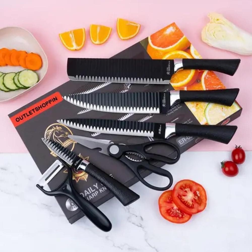 Conjunto De Facas Inox 6 Peças Antiaderente Com Cabo Reforçado Descascador E Tesoura Cozinha