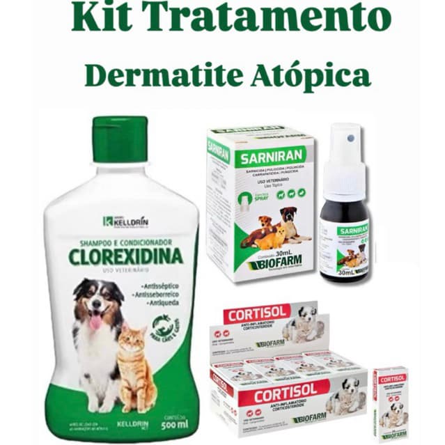 Kit Shampoo Clorexidina 5 em 1 - 500ml - Kelldrin + Cortisol 10 Comprimidos + Sarniran 30ml